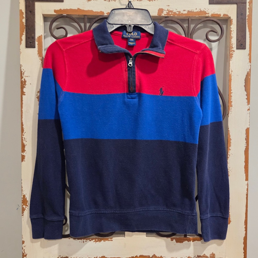 Polo Ralph Lauren Boys Red Blue Colorblock Quarter Zip Pullover Sweater Size S 8